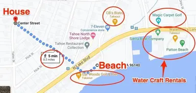 a map of a beach resort with red circles at The Tallac Lodge Hot Tub Walk 2 Beach in Carnelian Bay
