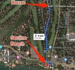 a map of a beach with a red arrow at Mt Airy Cottage Walk to Beach in Tahoe Vista