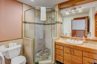 a bathroom with a shower and a toilet and a sink at Lakeview Hideaway in Kings Beach