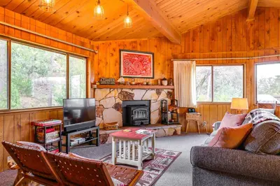 a living room with a couch and a fireplace at Serene Groveland Cabin Rental Near Yosemite! in Groveland